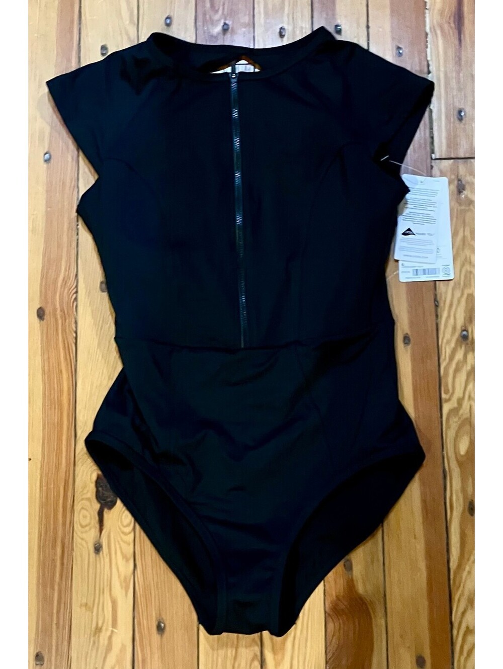 Athleta Cortes Short Sleeve One Piece Swimsuit Black Zip Front UPF Surfcore S